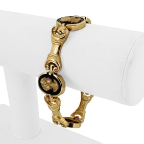 14k Yellow Gold and Onyx Solid Heavy Cameo Link Bracelet 7"