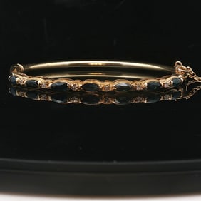 14k Yellow Gold Blue Sapphire and Diamond Vintage Bangle Bracelet 6.5"