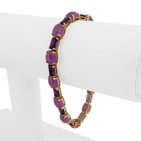 14k Yellow Gold Lavender Jade and Amethyst Ladies Link Bracelet 7"