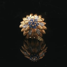 18k Yellow and White Gold Sapphire and Diamond Vintage Floral Ring Size 4.25