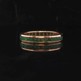 18k Yellow Gold and Emerald Solid Vintage Eternity Band Size 8.75