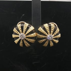 18k Yellow Gold Black Enamel and 0.60cttw Diamond Heavy Button Stud Earrings