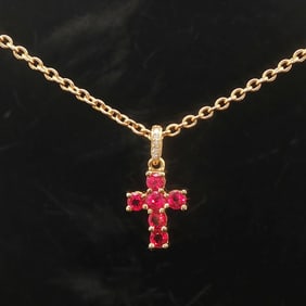 18k Yellow Gold Ruby and Diamond Cross Pendant Cable Link Necklace