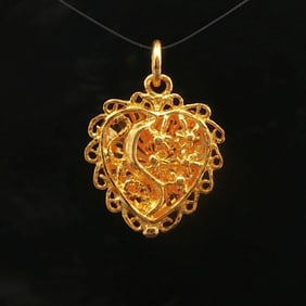 24k Pure Yellow Gold Fancy Heart Charm Pendant 1"