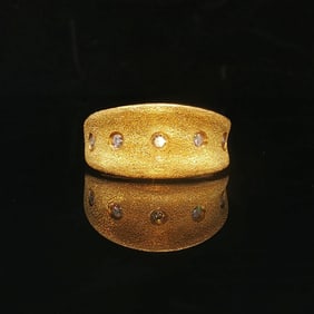 24k Pure Yellow Gold and Diamond Solid Brushed Textured Ring Size 5.75