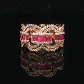 Effy 14k Rose Gold Ruby and Diamond Fancy Ribbon Band Ring Size 7