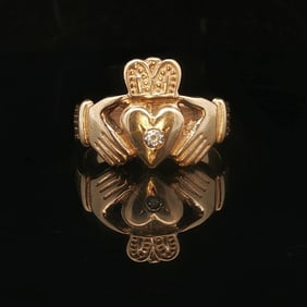 14k Yellow Gold and 0.07ct Diamond Solid Claddagh