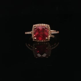 14k Yellow Gold Ruby and Diamond Halo Ladies Ring