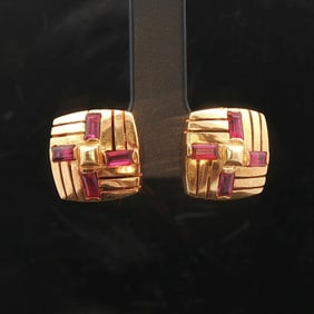 18k Yellow Gold and Baguette Ruby Vintage Square