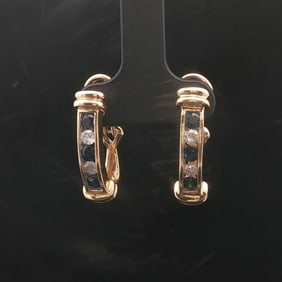14k Yellow Gold Blue Sapphire and Diamond Hoop Ea