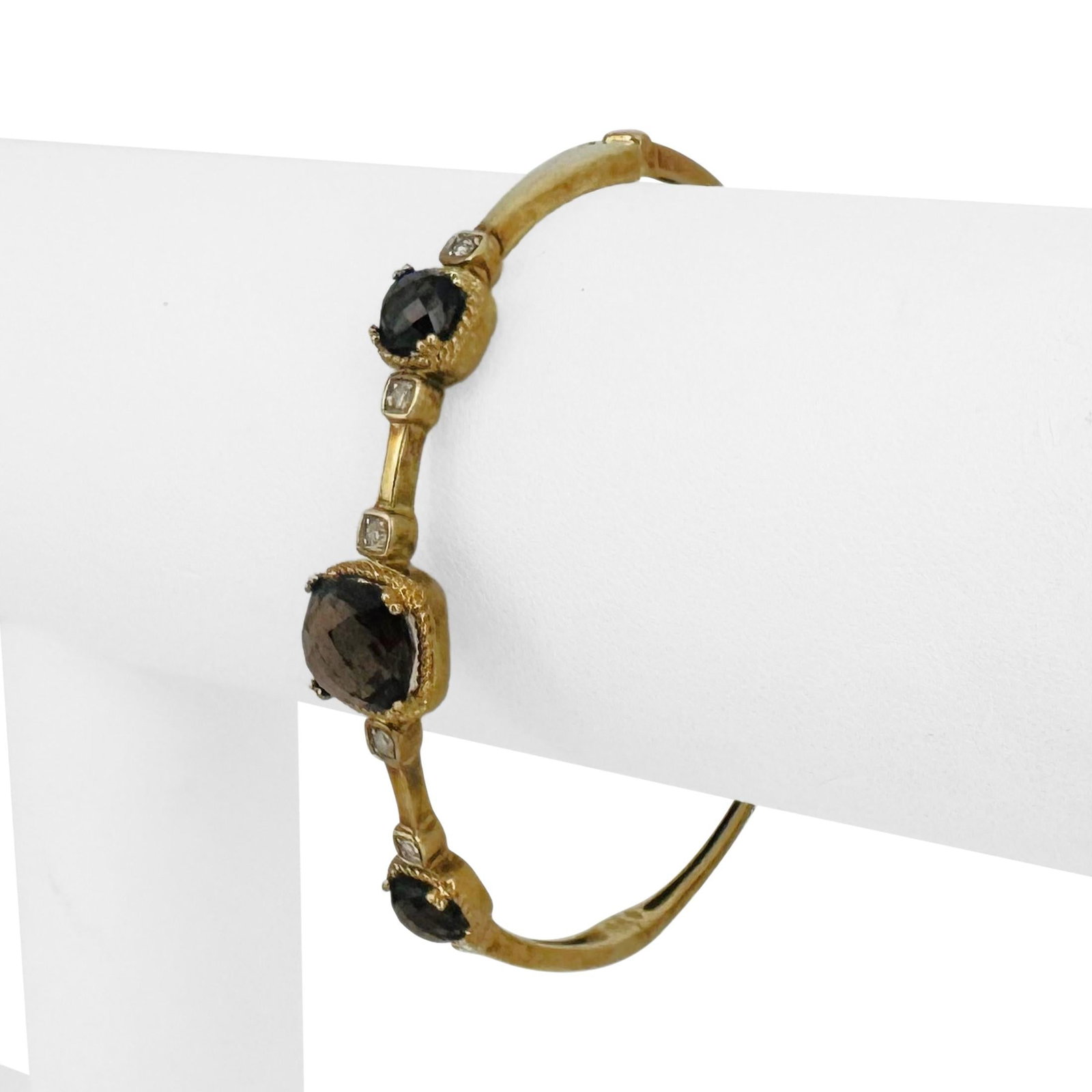 14k Yellow Gold Smoky Quartz and Diamond 9g Vinta: Condition: Excellent Condition, Professionally Cleaned Metal: 14k Gold (Marked, and Professionally Tested) Weight: 9.1g Gemstones: Three Faceted Cushion Cut Smoky Quartz Diamonds: 0.12cttw Round Cut N