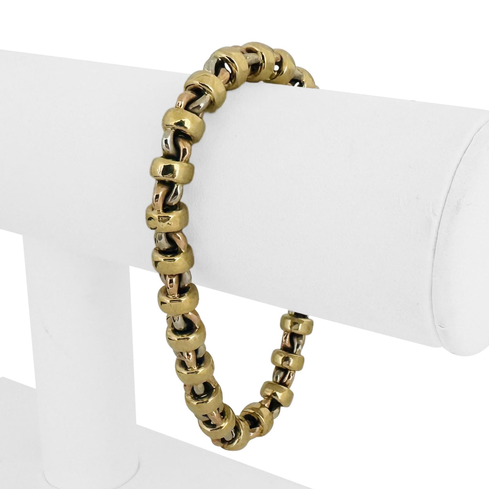 Chimento 18k Yellow White and Rose Gold 21.6g Vin: Condition: Excellent Condition, Professionally Cleaned Metal: 18k Gold (Marked, and Professionally Tested) Weight: 21.6g Length: 7.75 Inches Width: 7.5mm Closure: Lobster Claw Markings: "Chimento" "75