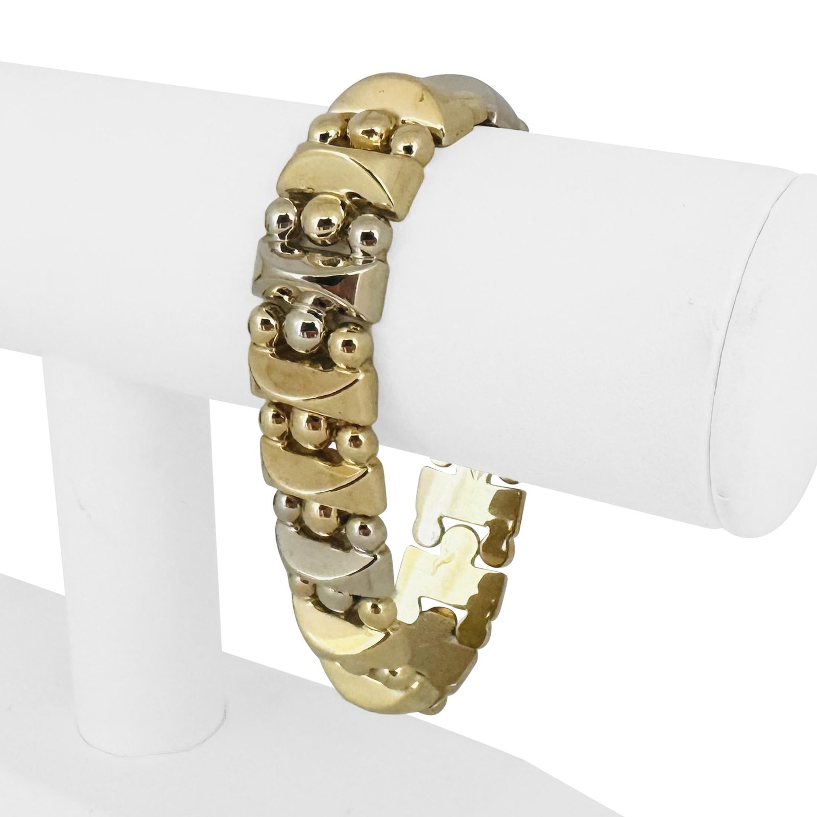 14k Yellow and White Gold Thick Fancy Ball Link Bracelet Italy 7.5": Condition: Excellent Condition, Professionally Cleaned Metal: 14k Gold (Marked, and Professionally Tested) Weight: 36.6g Length: 7.5 Inches Width: 17mm Closure: Box Tab Insert with Safety Latch Markin
