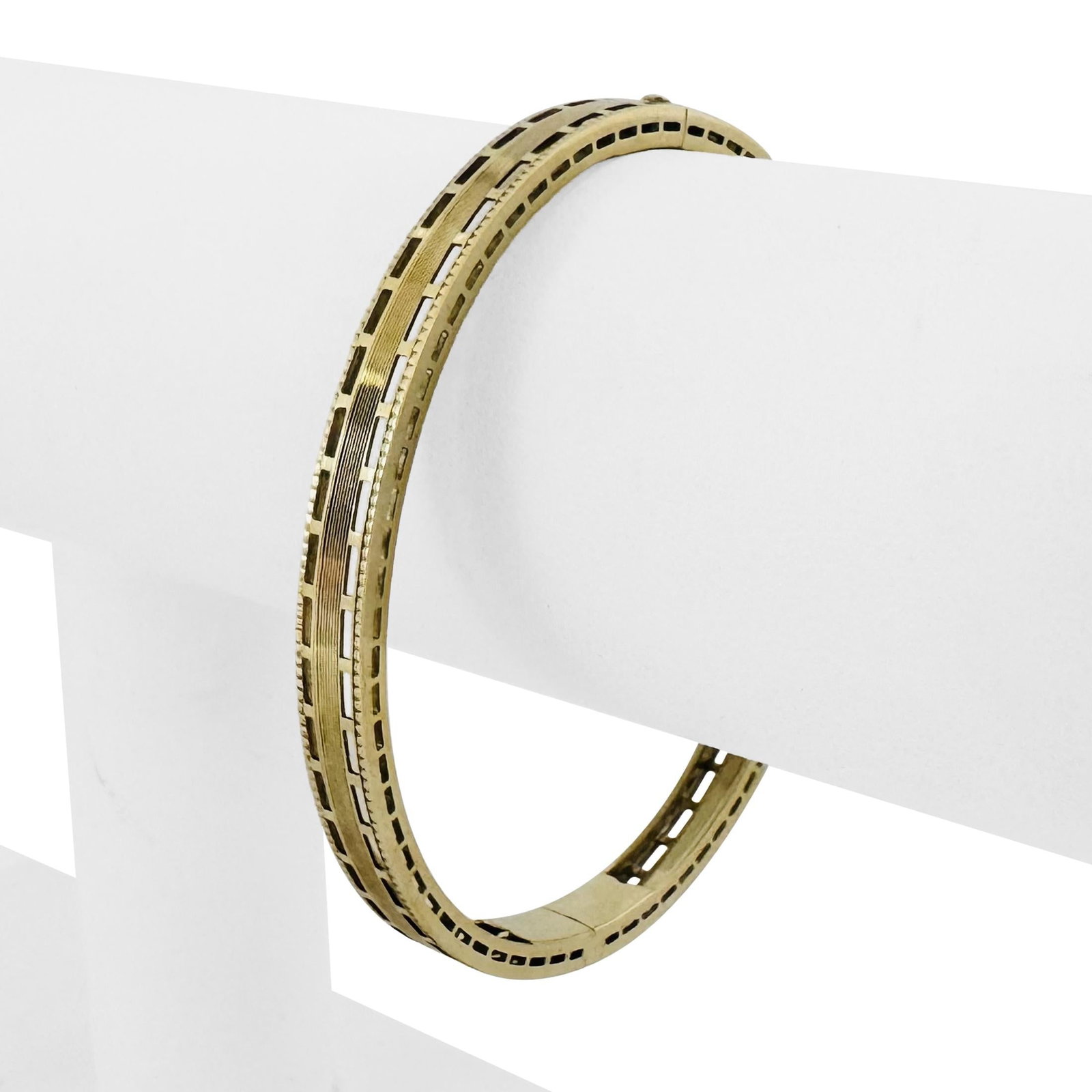 14k Yellow Gold Solid Vintage Fancy Bangle Bracelet 7": Condition: Excellent Condition, Professionally Cleaned Metal: 14k Gold (Professionally Tested) Weight: 12g Length: 7 Inches Width: 6mm Closure: Slide Insert Markings: None - Metal Professionally Teste