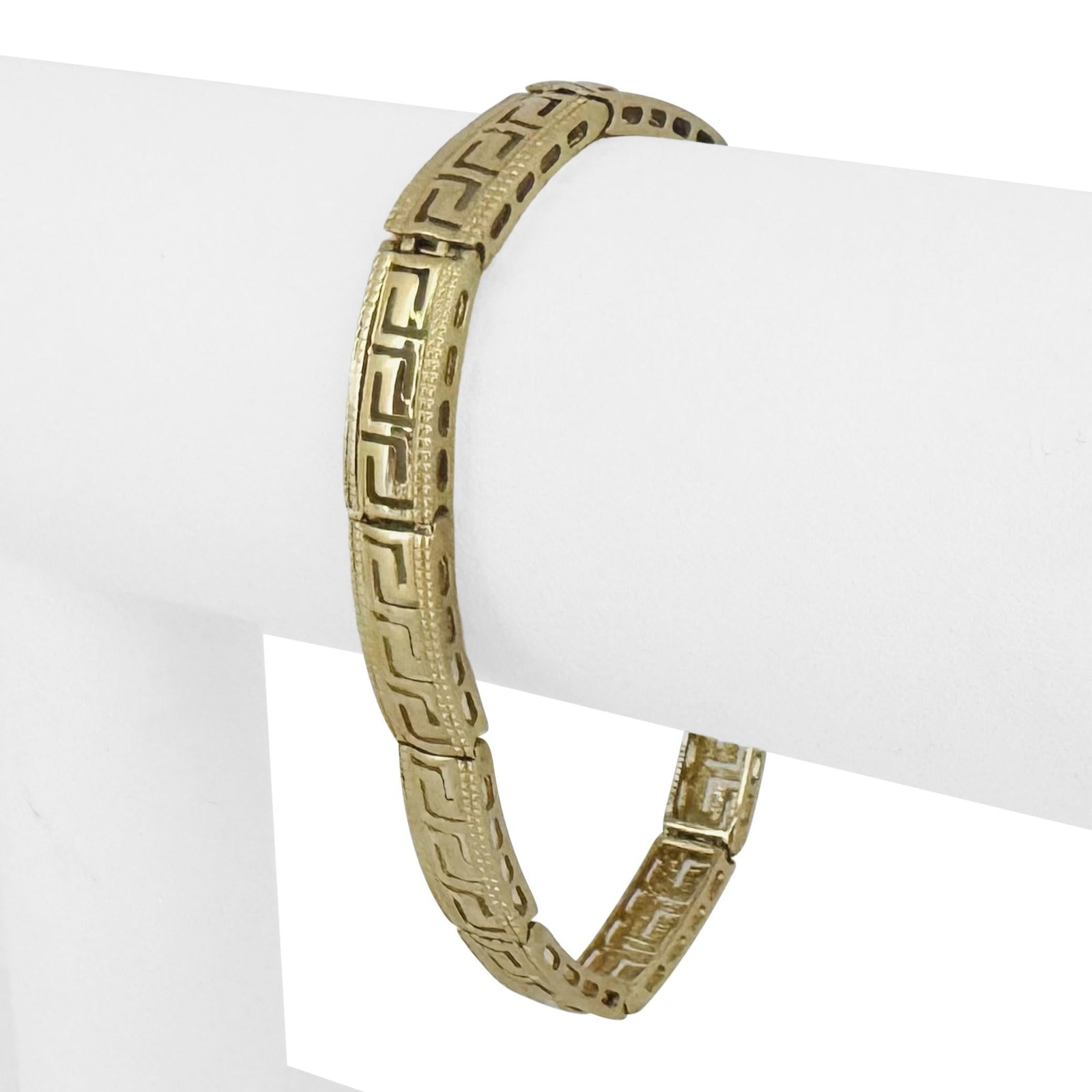 14k Yellow Gold Solid Vintage Greek Key Panel Link Bracelet 7": Condition: Excellent Condition, Professionally Cleaned Metal: 14k Gold (Marked, and Professionally Tested) Weight: 14.3g Length: 7 Inches Width: 7mm Closure: Box Tab Insert with Safety Latch Markings: