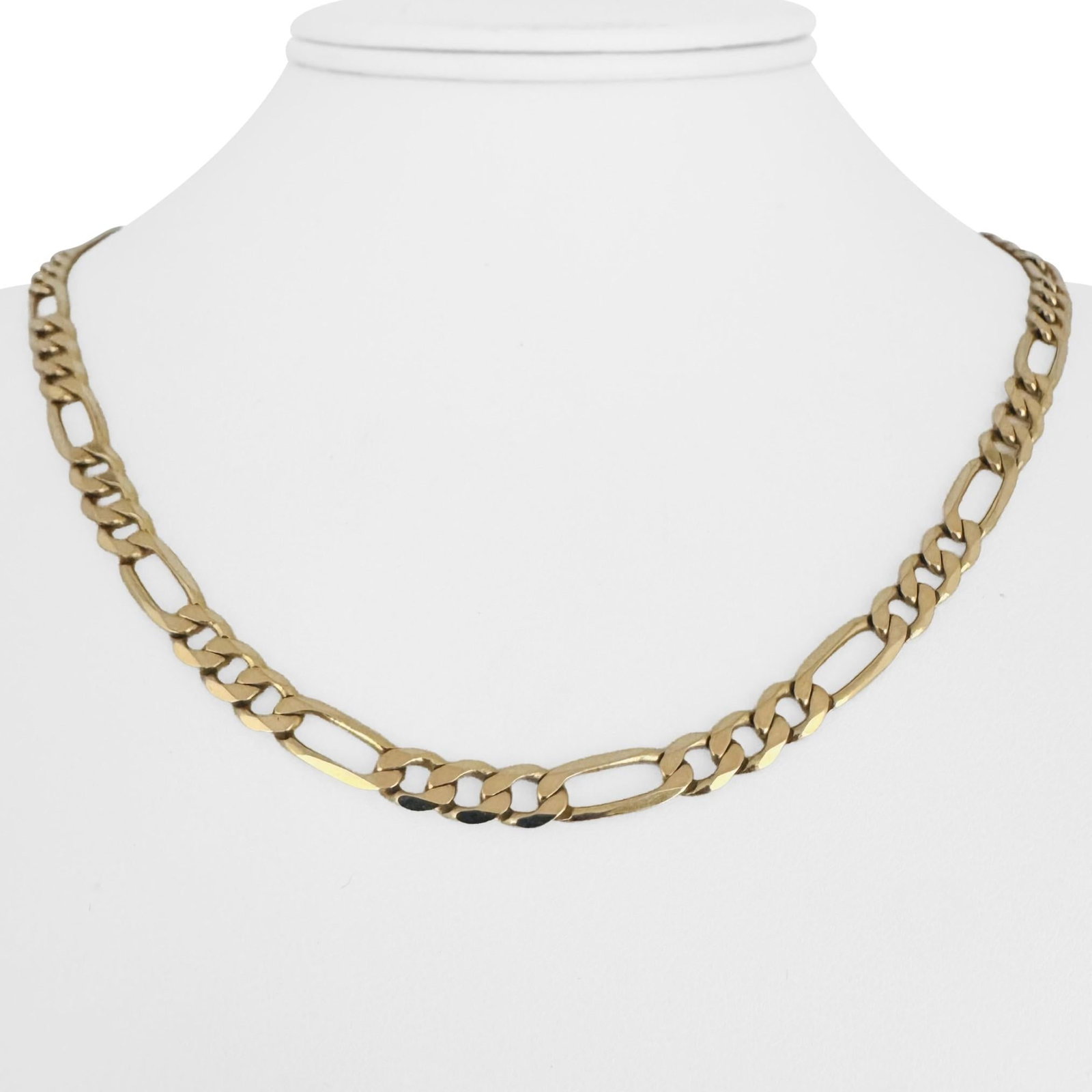 14k Yellow Gold Semi Solid Figaro Link Chain Necklace Italy 18.5": Condition: Excellent Condition, Professionally Cleaned Metal: 14k Gold (Marked, and Professionally Tested) Weight: 19.3g Length: 18.5 Inches Width: 5.5mm Closure: Lobster Claw Markings: "14kt" "Italy"