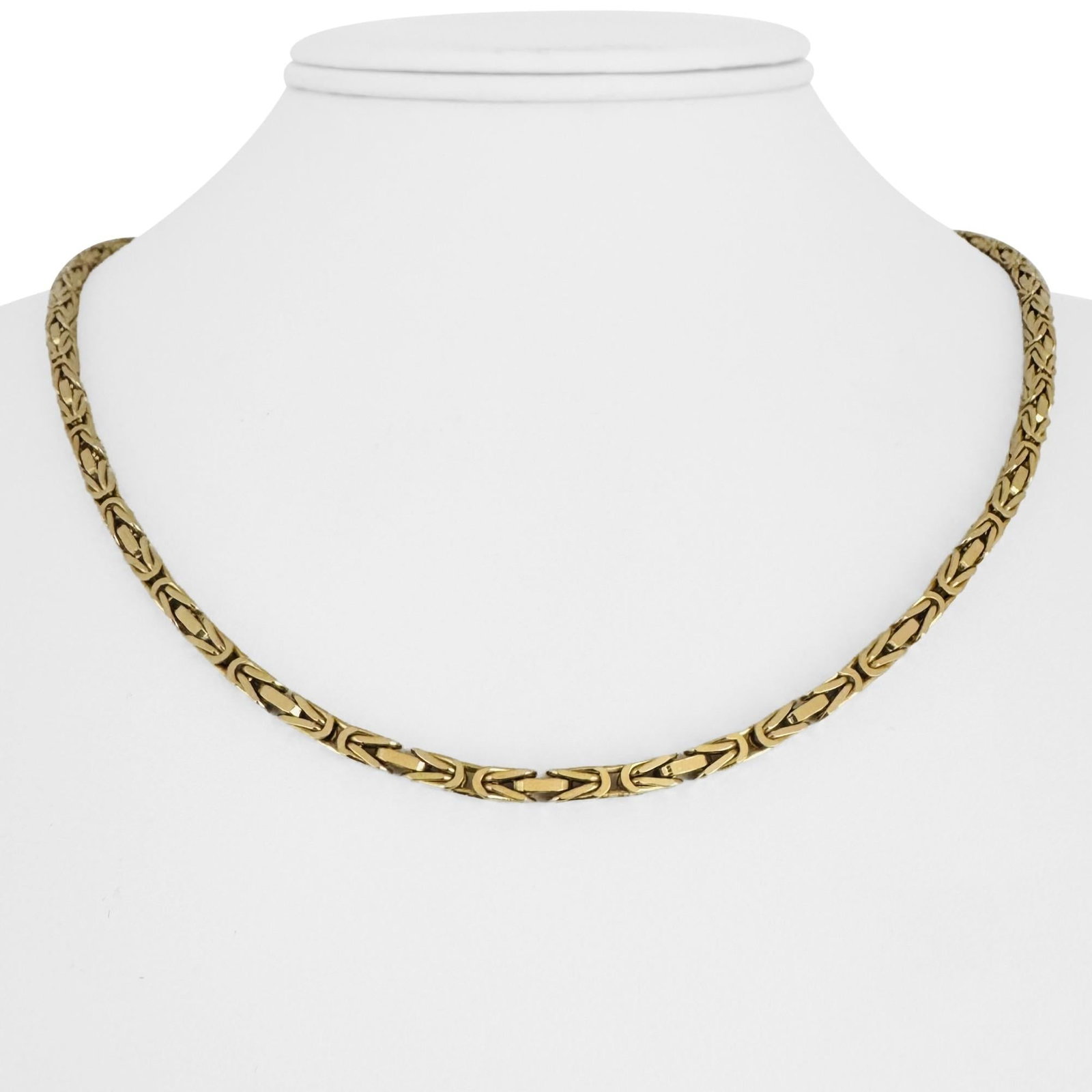 14k Yellow Gold Solid Thin Squared Byzantine Link Necklace Italy 18": Condition: Excellent Condition, Professionally Cleaned Metal: 14k Gold (Marked, and Professionally Tested) Weight: 23.4g Length: 18 Inches Width: 2.5mm Closure: Lobster Claw Markings: "14k" "Italy" "Q