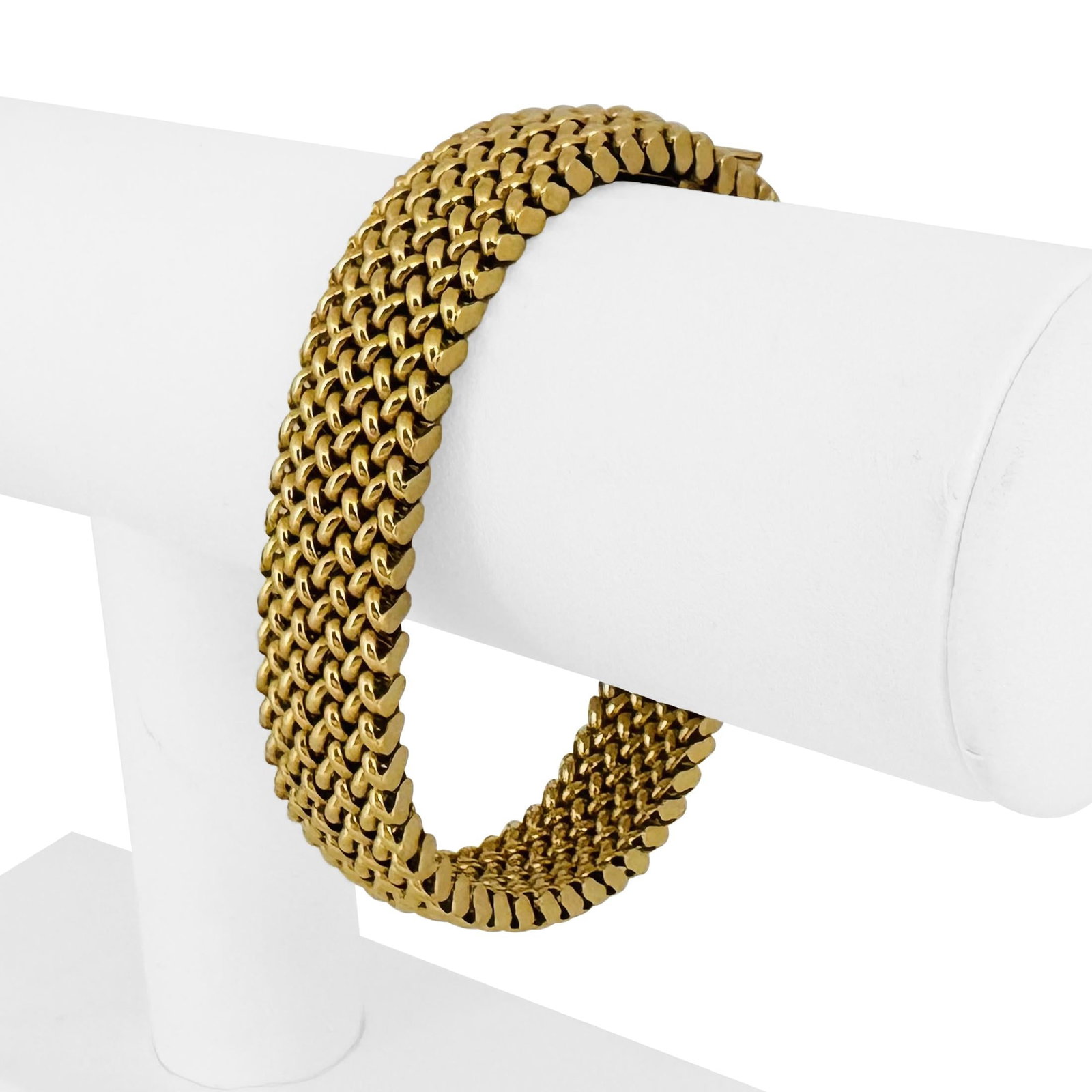 14k Yellow Gold Ladies Vintage Fancy Mesh Link Bracelet Italy 7.5": Condition: Excellent Condition, Professionally Cleaned Metal: 14k Gold (Marked, and Professionally Tested) Weight: 29.2g Length: 7.5 Inches Width: 14mm Closure: Box Tab Insert with Safety Latch Markin