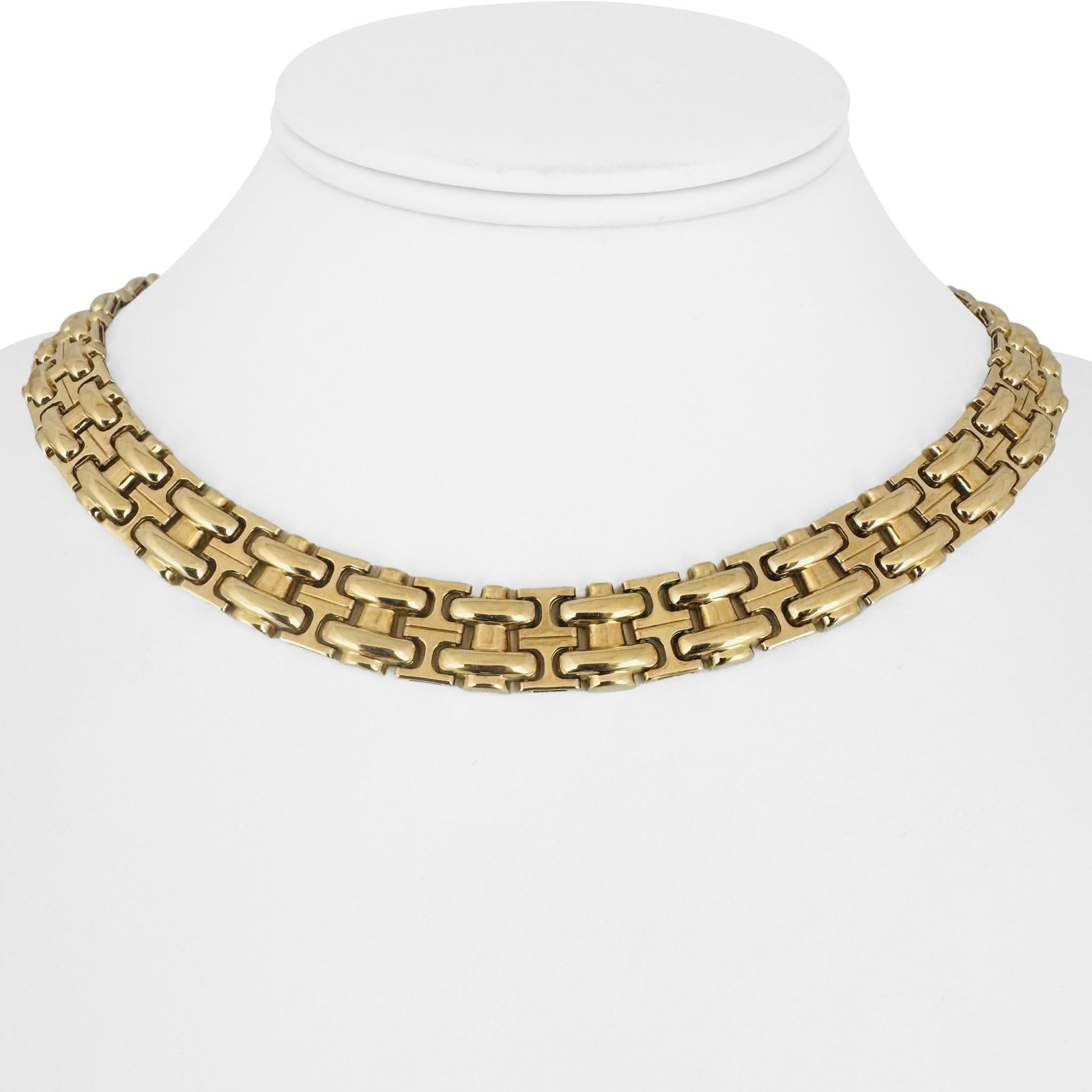 14k Yellow Gold Ladies Heavy Fancy Link Collar Necklace 15": Condition: Excellent Condition, Professionally Cleaned and Polished Metal: 14k Gold (Professionally Tested) Weight: 47.7g Length: 15 Inches Width: 11mm Closure: Large Bolt Ring Markings: None - Metal 