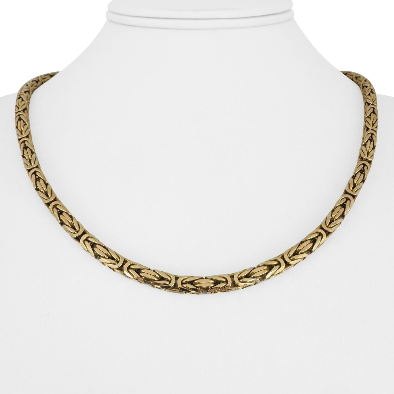 14k Yellow Gold Solid Very Heavy Squared Byzantine Link Necklace Italy 18.5": Condition: Excellent Condition, Professionally Cleaned Metal: 14k Gold (Marked, and Professionally Tested) Weight: 50g Length: 18.5 Inches Width: 4mm Closure: Lobster Claw Markings: "14k" "Italy" "LJM