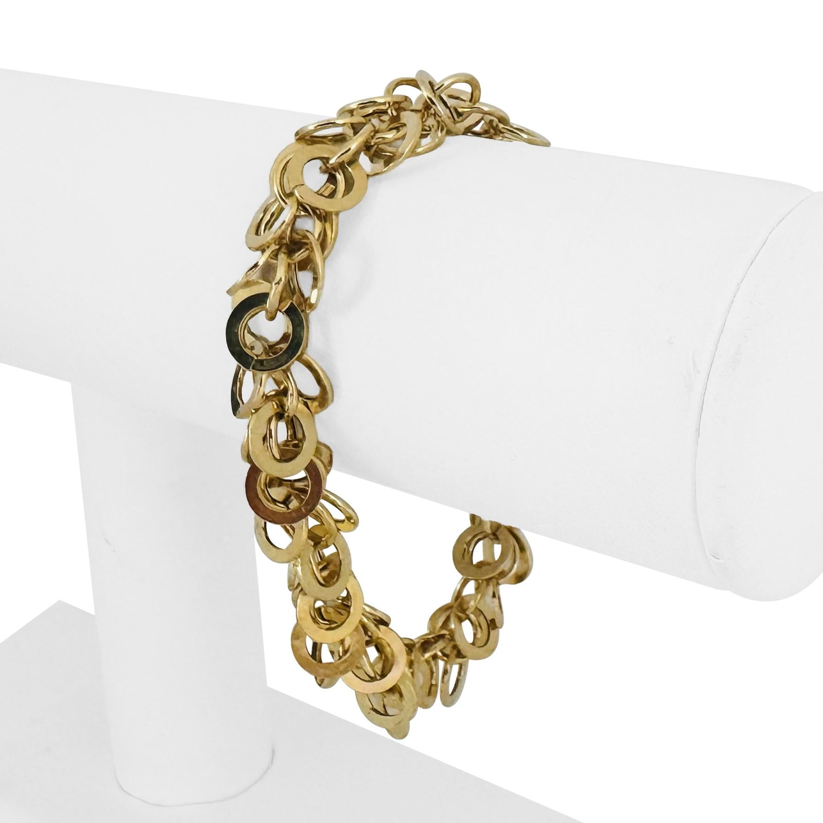 14k Yellow Gold Hollow Light Multi Circle Link Bracelet Italy 7": Condition: Excellent Condition, Professionally Cleaned Metal: 14k Gold (Marked, and Professionally Tested) Weight: 6.3g Length: 7 Inches Width: 13mm Closure: Lobster Claw Markings: "14kt" "Italy" Coun