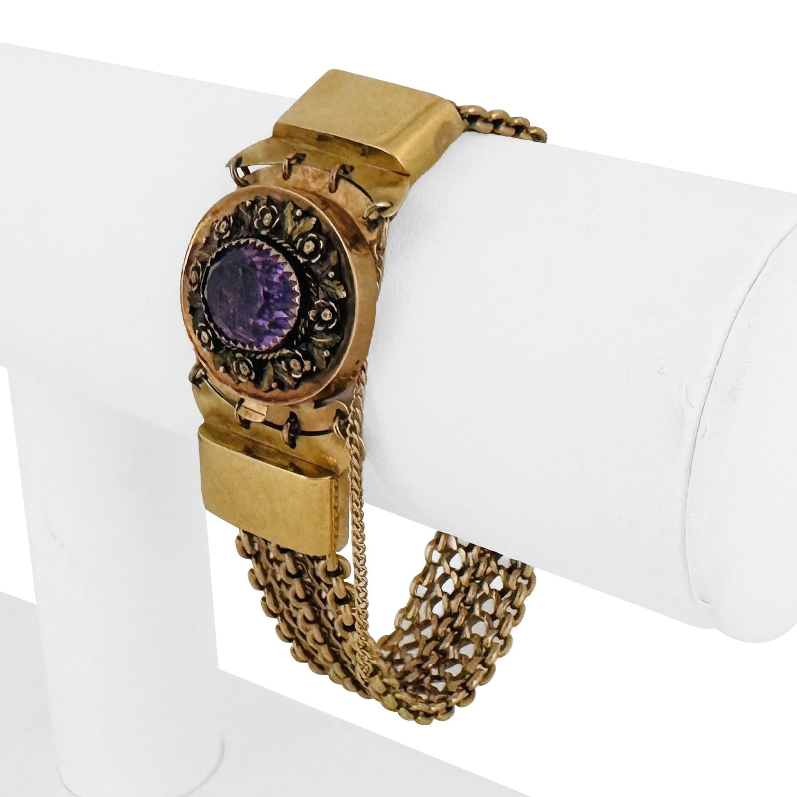 14k Yellow Gold and Amethyst Solid Vintage Fancy Link Bracelet 7": Condition: Excellent Condition, Professionally Cleaned Metal: 14k Gold (Professionally Tested) Weight: 31g Gemstone: 12.5mm by 9mm Oval Cut Amethyst Length: 7 Inches Chain Width: 7mm Closure: Box Tab 