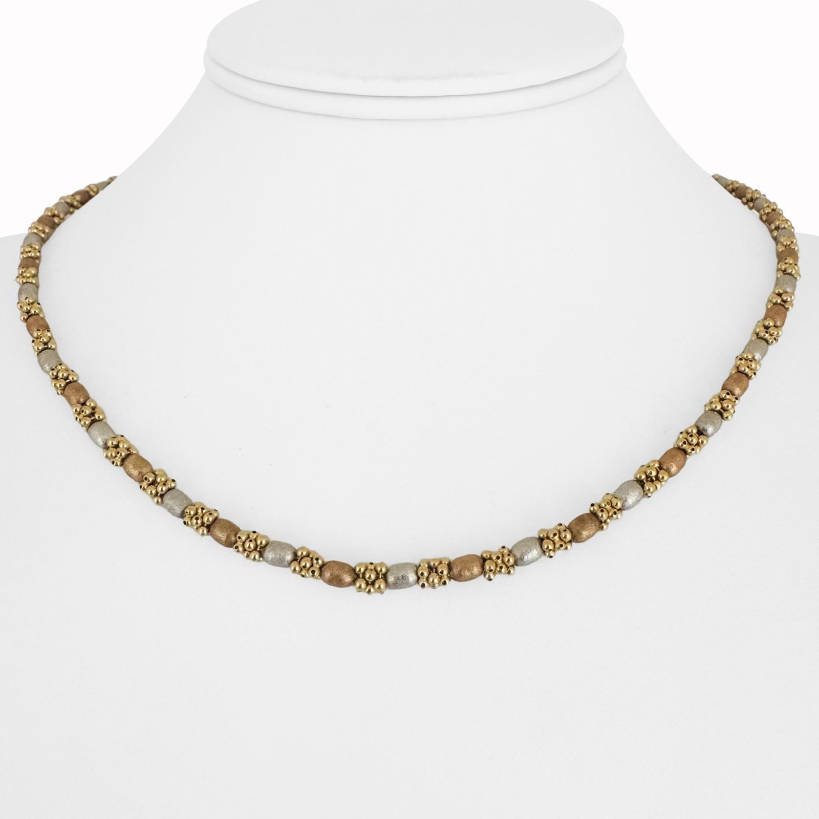 18k Tri Tone Gold Solid Fancy Vintage Ball Bead Necklace Italy 17.5": Condition: Excellent Condition, Professionally Cleaned Metal: 18k Gold (Marked, and Professionally Tested) Weight: 27g Length: 17.5 Inches Width: 4mm Closure: Spring Ring Markings: "750" "Italy" Count