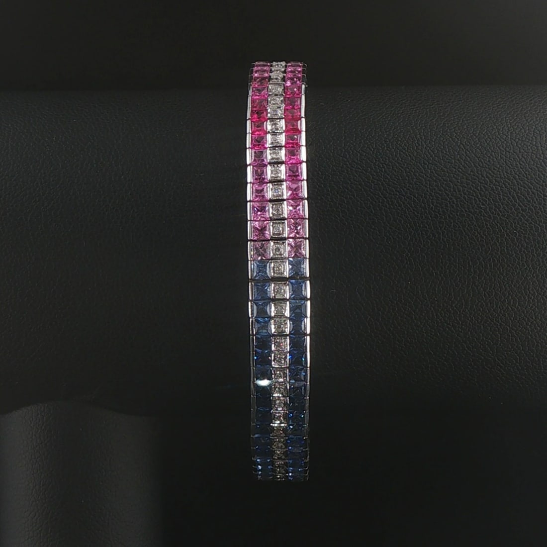 18k White Gold Diamond and Rainbow Sapphire Link Bracelet 7": Condition: Excellent Condition, Professionally Cleaned Metal: 18k Gold (Marked, and Professionally Tested) Weight: 33.2g Diamonds: 0.42cttw Round Cut Natural Diamonds Gemstones: Multicolored Princess 