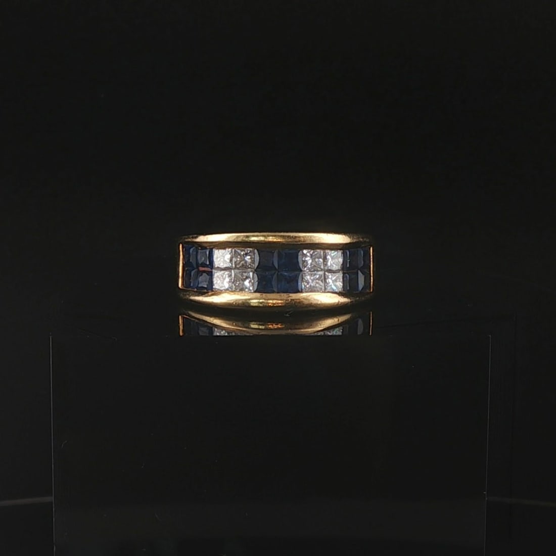 18k Yellow Gold Blue Sapphire and 0.50cttw Diamond Vintage Band Ring Size 6: Condition: Excellent Condition, Professionally Cleaned Metal: 18k Gold (Marked, and Professionally Tested) Weight: 8.3g Gemstone: Princess Cut Blue Sapphires Diamonds: 0.50cttw Princess Cut Natural Di