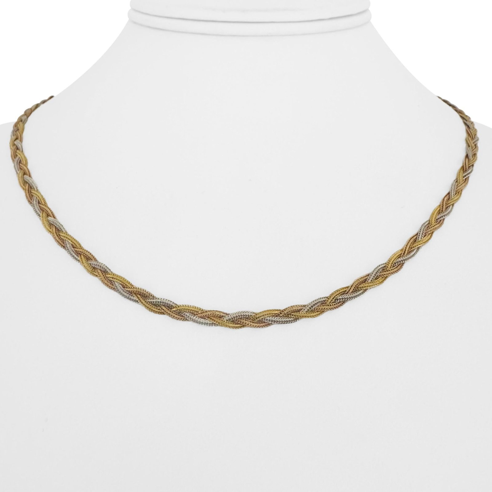 18k Yellow White and Rose Gold Braided Fancy Link Necklace Italy 17.5": Condition: Excellent Condition, Professionally Cleaned and Polished Metal: 18k Gold (Marked, and Professionally Tested) Weight: 6.8g Length: 17.5 Inches Width: 3.5mm Closure: Lobster Claw Markings: "7