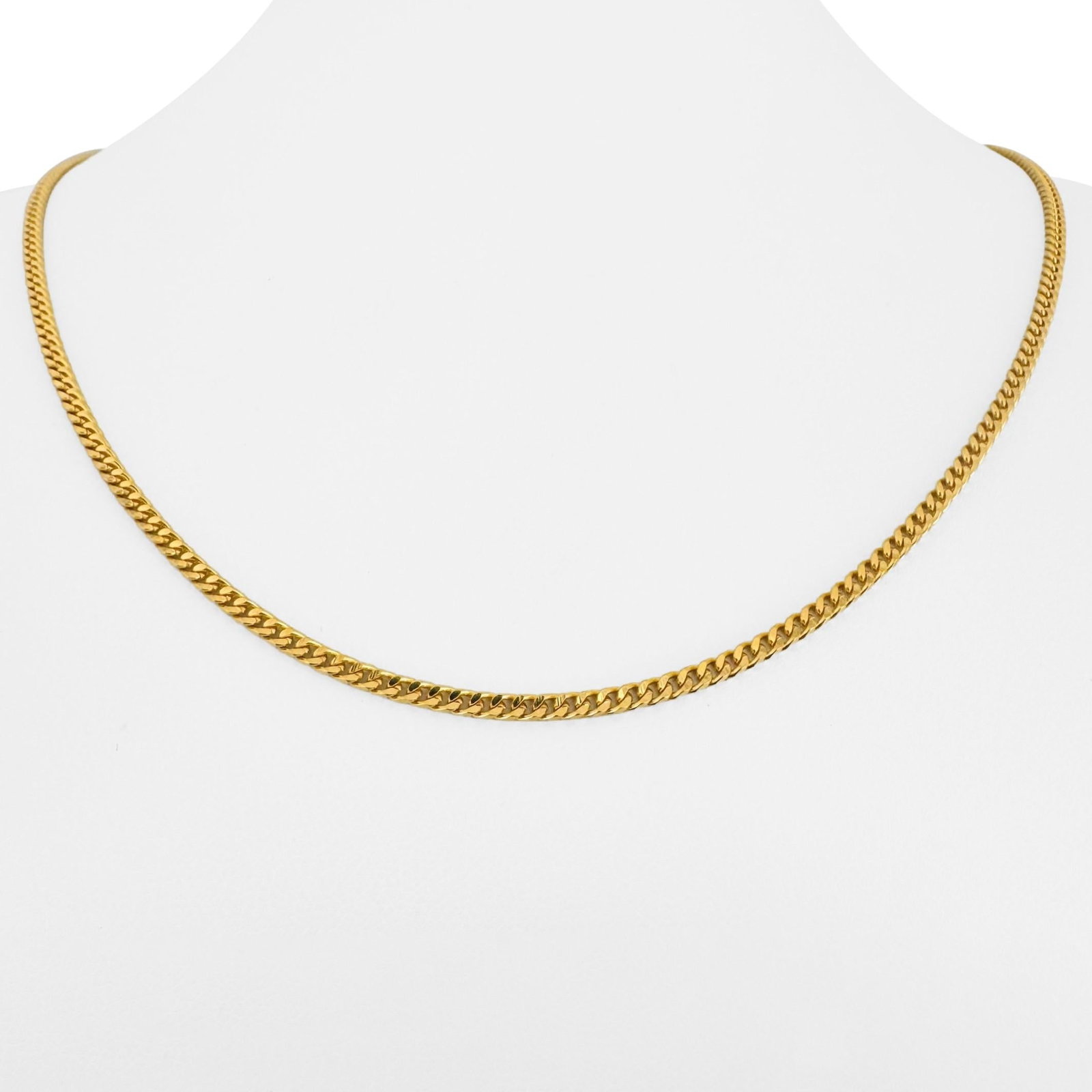 22k Yellow Gold Solid Thin Curb Link Chain Necklace 18.5": Condition: Excellent Condition, Professionally Cleaned Metal: 22k Gold (Marked, and Professionally Tested) Weight: 12.5g Length: 18.5 Inches Width: 2.5mm Closure: Lobster Claw Markings: "916" "Nobu" I