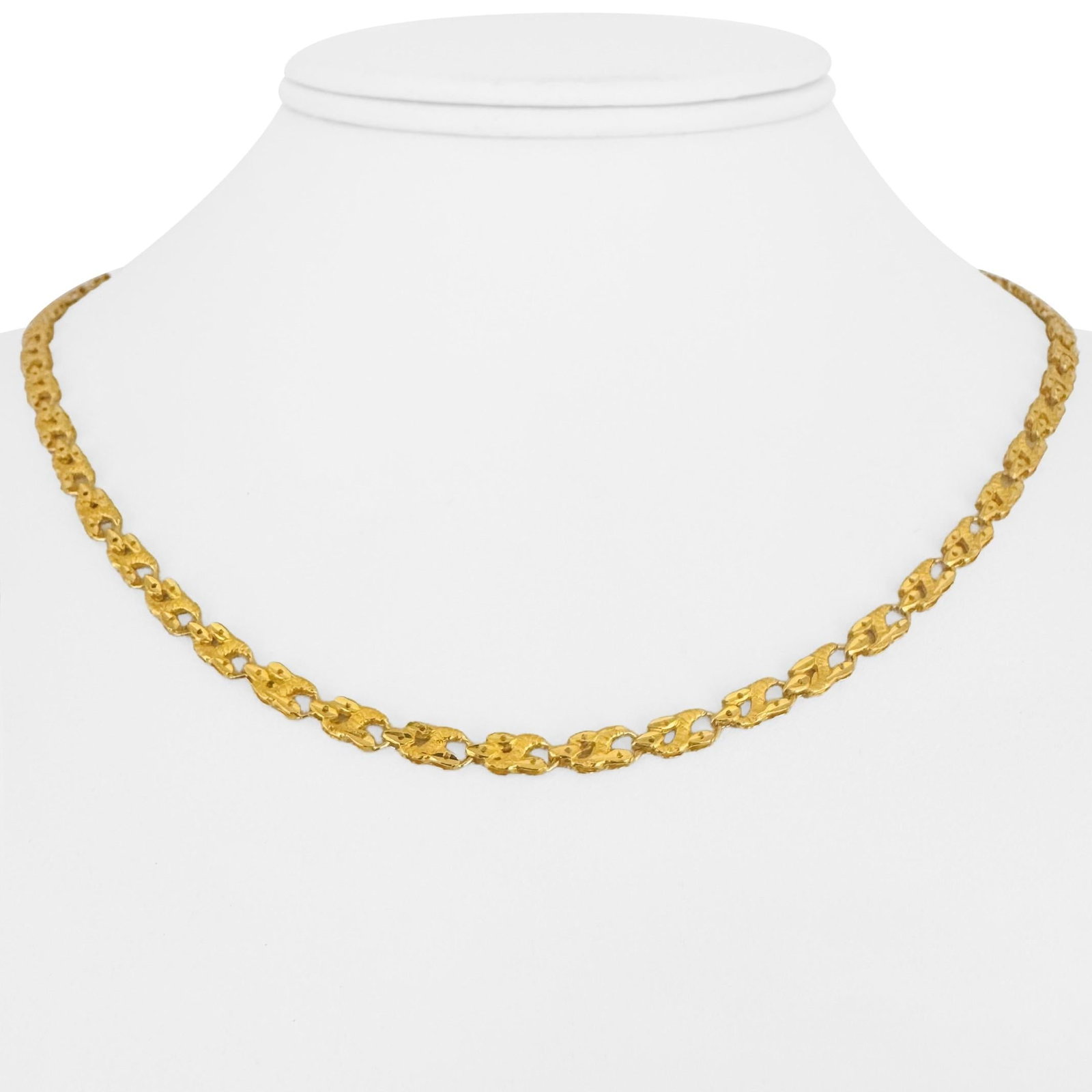 24k Pure Yellow Gold Solid Diamond Cut Fancy Link Chain Necklace 17": Condition: Excellent Condition, Professionally Cleaned Metal: 24k Gold (Marked, and Professionally Tested) Weight: 12.7g Length: 17 Inches Width: 3.5mm Closure: bM Clasp (Hook) Markings: "9999" Item #
