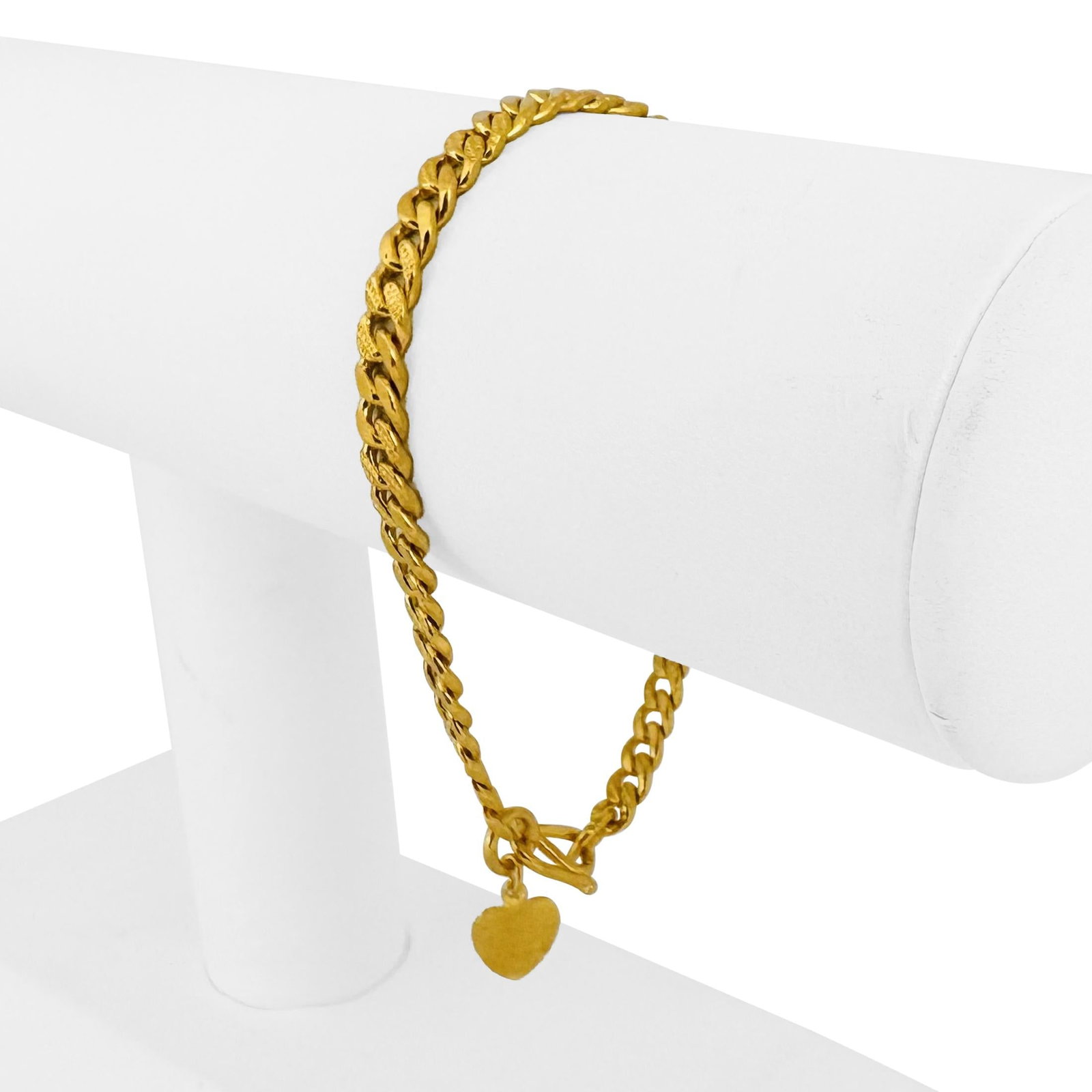24k Pure Yellow Gold Solid Curb Link Bracelet with Heart Charm 7": Condition: Excellent Condition, Professionally Cleaned Metal: 24k Gold (Marked, and Professionally Tested) Weight: 13g Length: 7 Inches Width: 4.5mm Closure: M Clasp (Hook) Markings: "9999" and Asian 