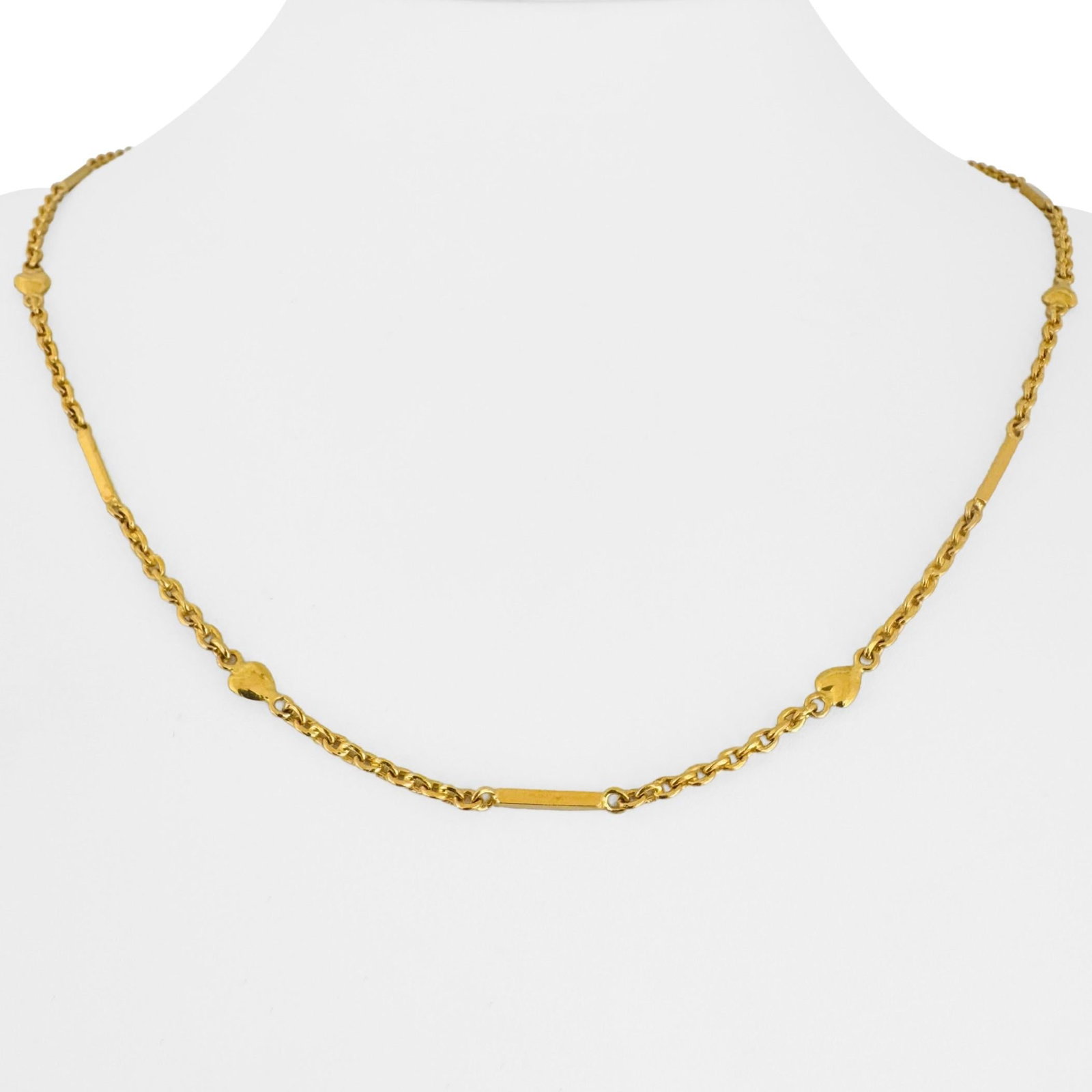 24k Pure Yellow Gold Solid Heart Bar and Cable Link Chain Necklace 20": Condition: Excellent Condition (Professionally Cleaned and Polished) Metal: 24k Gold (Marked, and Professionally Tested) Weight: 17g Length: 20 Inches Width: 4.5mm Closure: M Clasp (Hook) Markings: "9