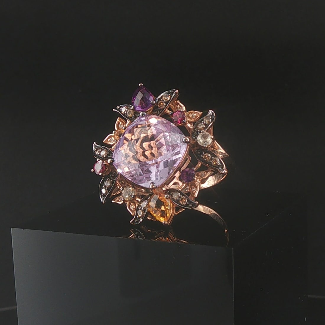 LeVian 14k Rose Gold Pink Quartz and Multi Gemstone Floral Ring Size 7: Condition: Excellent Condition, Professionally Cleaned Metal: 14k Gold (Marked, and Professionally Tested) Weight: 7.9g Gemstone: 12mm by 12mm Faceted Square Cut Pink Quartz Gemstones: Assorted Pear a