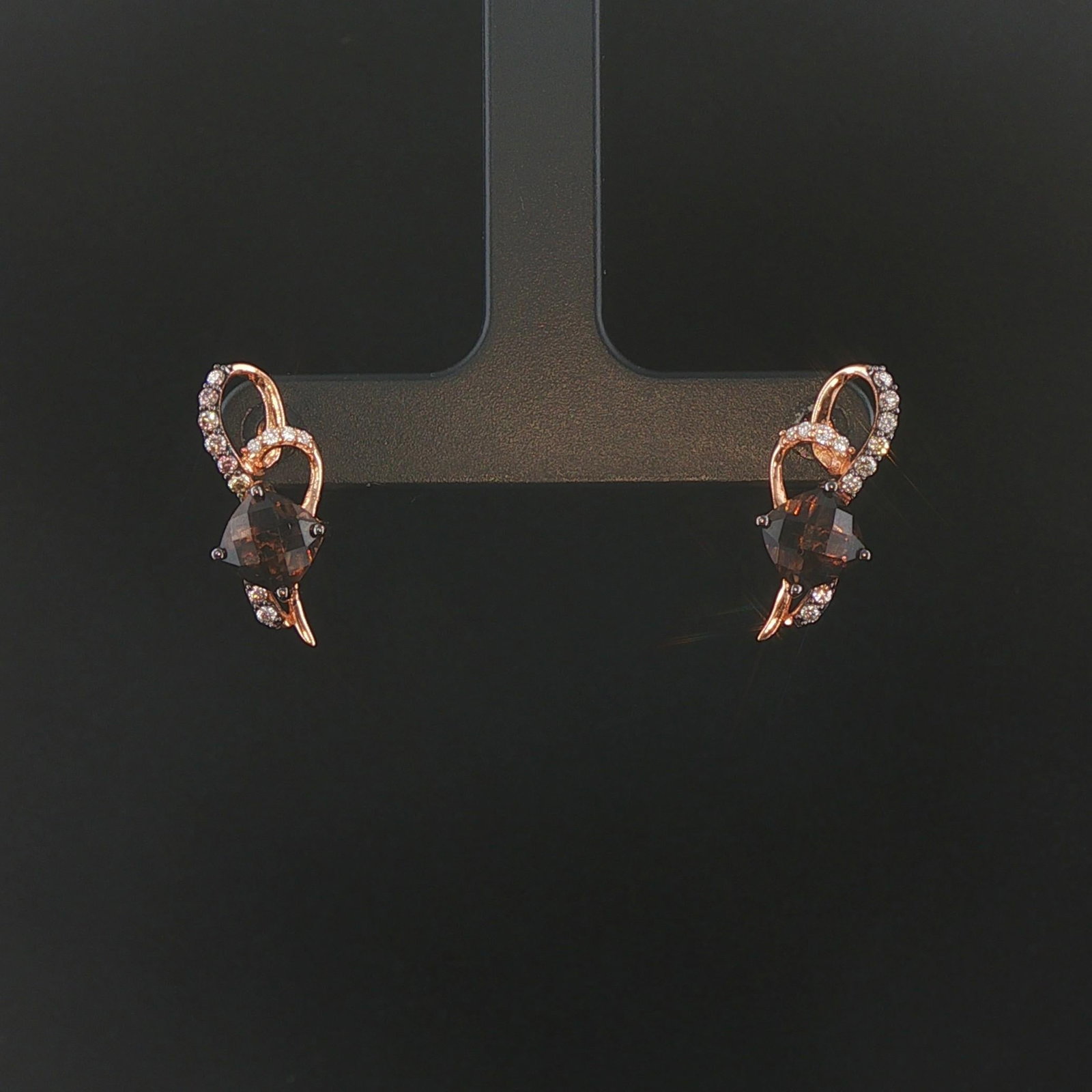 LeVian 14k Rose Gold Smoky Quartz and Diamond Stud Earrings: Condition: Excellent Condition, Professionally Cleaned Metal: 14k Gold (Marked, and Professionally Tested) Weight: 3g Gemstone: 2cttw Cushion Cut Smoky Quartz Diamonds: 0.20cttw Round Cut Chocolate an
