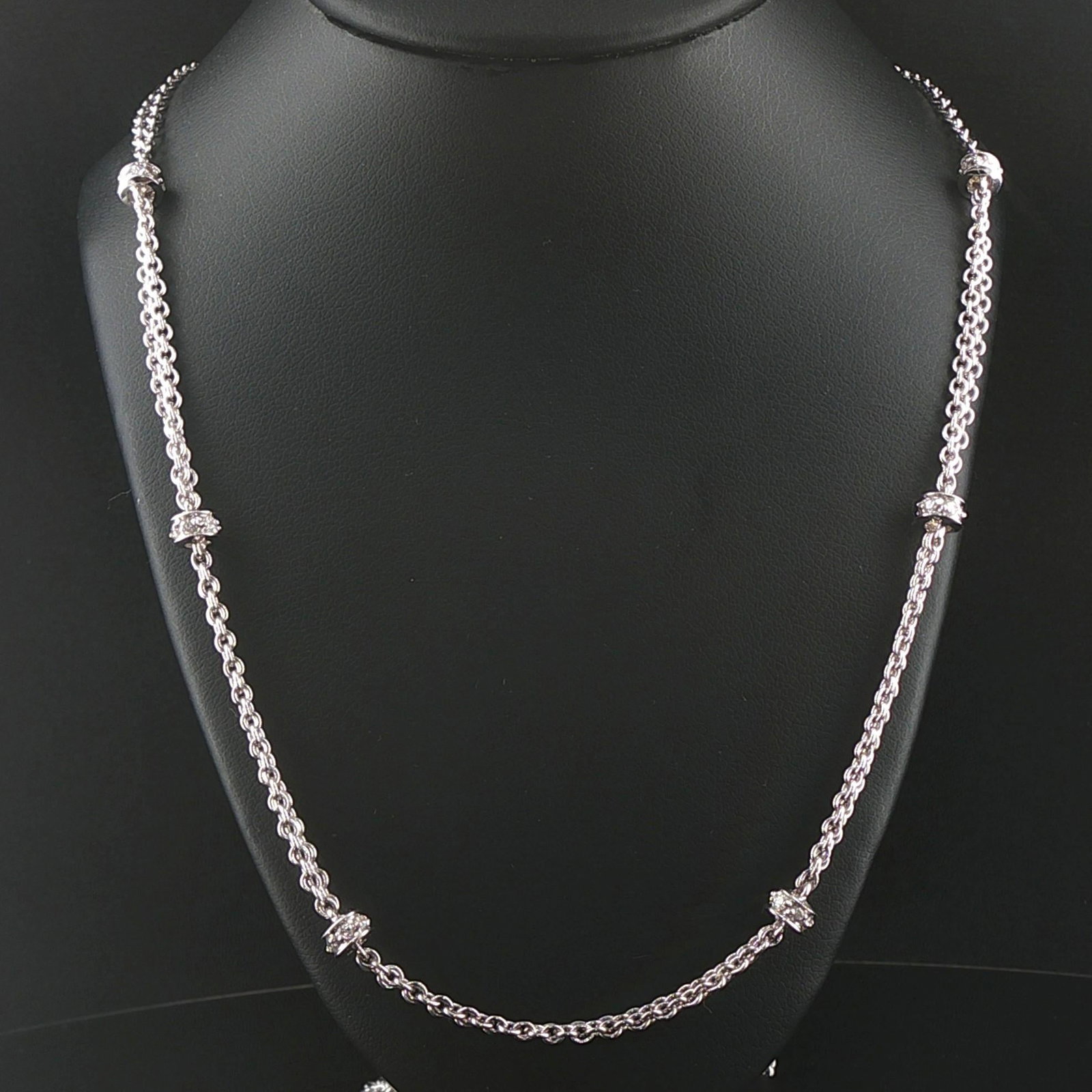 14k White Gold and 0.50cttw Diamond Long Two Strand Cable Link Necklace 35": Condition: Excellent Condition, Professionally Cleaned Metal: 14k Gold (Marked, and Professionally Tested) Weight: 21.7g Diamonds: 0.50cttw Round Cut Natural Diamonds Chain Length: 35 Inches Width: 5m