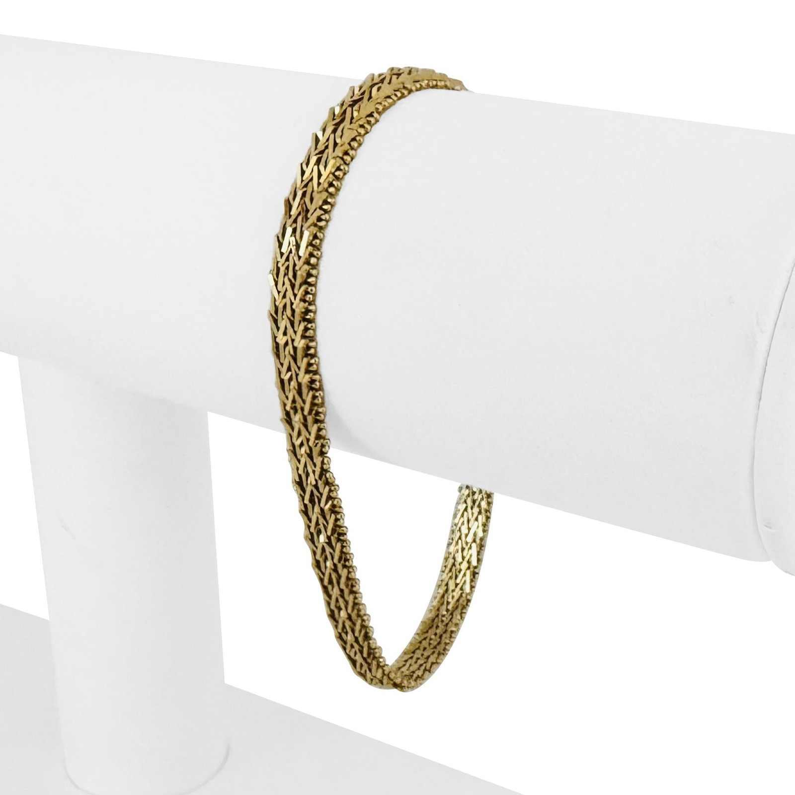 14k Yellow Gold Solid Beaded Wheat Link Bracelet 7": Condition: Excellent Condition, Professionally Cleaned Metal: 14k Gold (Marked, and Professionally Tested) Weight: 11.3g Length: 7 Inches Width: 5.5mm Closure: Box Tab Insert with Safety Latch Marking