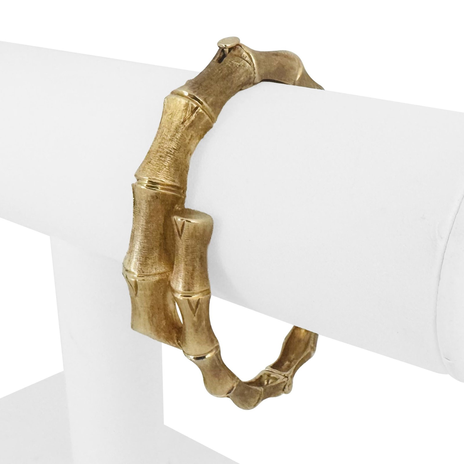 14k Yellow Gold Brushed Finish Bamboo Bypass Bangle Bracelet 6.5": Condition: Excellent Condition, Professionally Cleaned Metal: 14k Gold (Marked, and Professionally Tested) Weight: 30.4g Length: 6.5 Inches Inner Circumference Width: 18mm at widest, 7mm at narrowest 