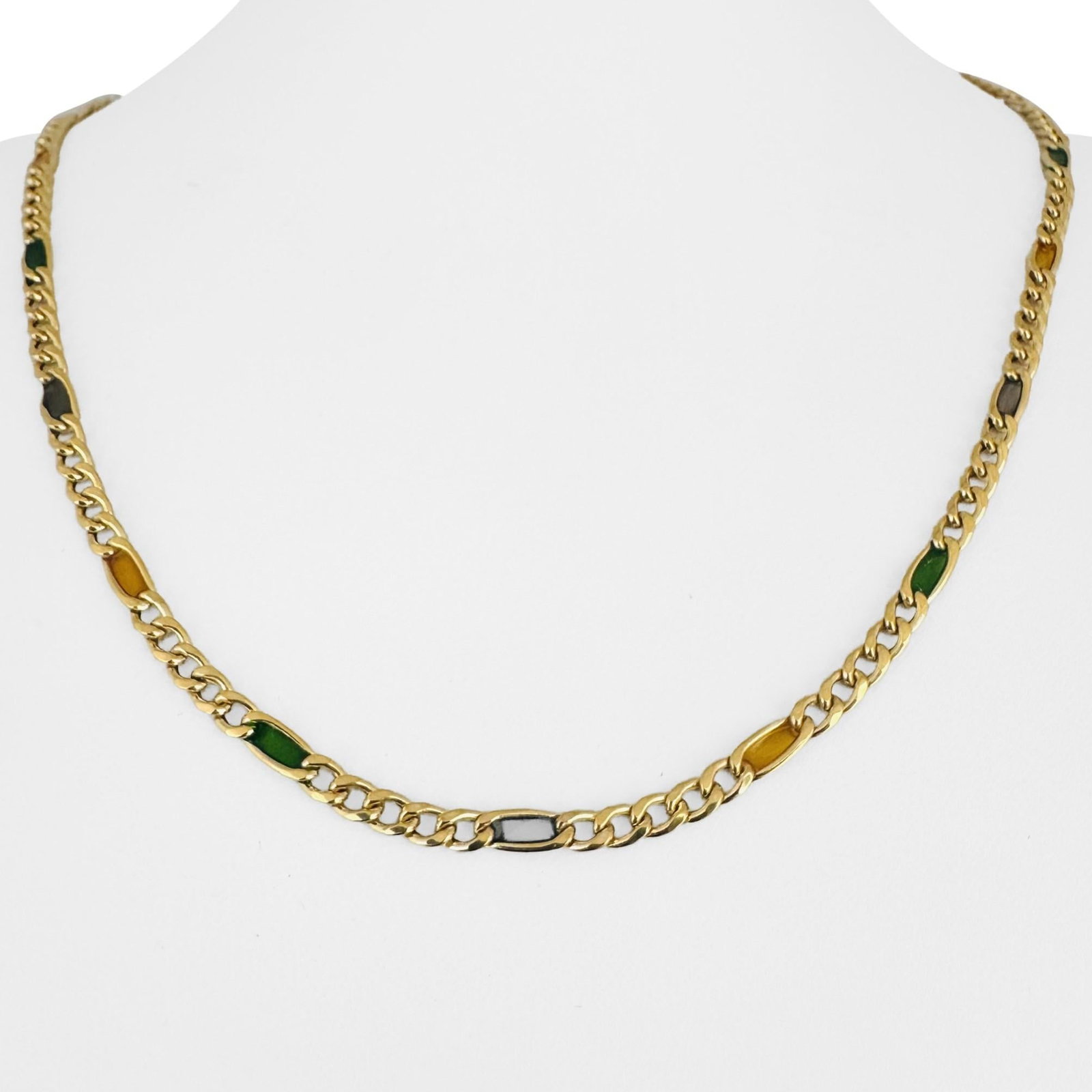 14k Yellow Gold and Glass UnoAErre Hollow Figaro Link Necklace Italy 20": Condition: Excellent Condition, Professionally Cleaned Metal: 14k Gold (Marked, and Professionally Tested) Weight: 8g Gemstones: Assorted Color Glass Length: 20 Inches Width: 4mm Closure: Lobster Claw
