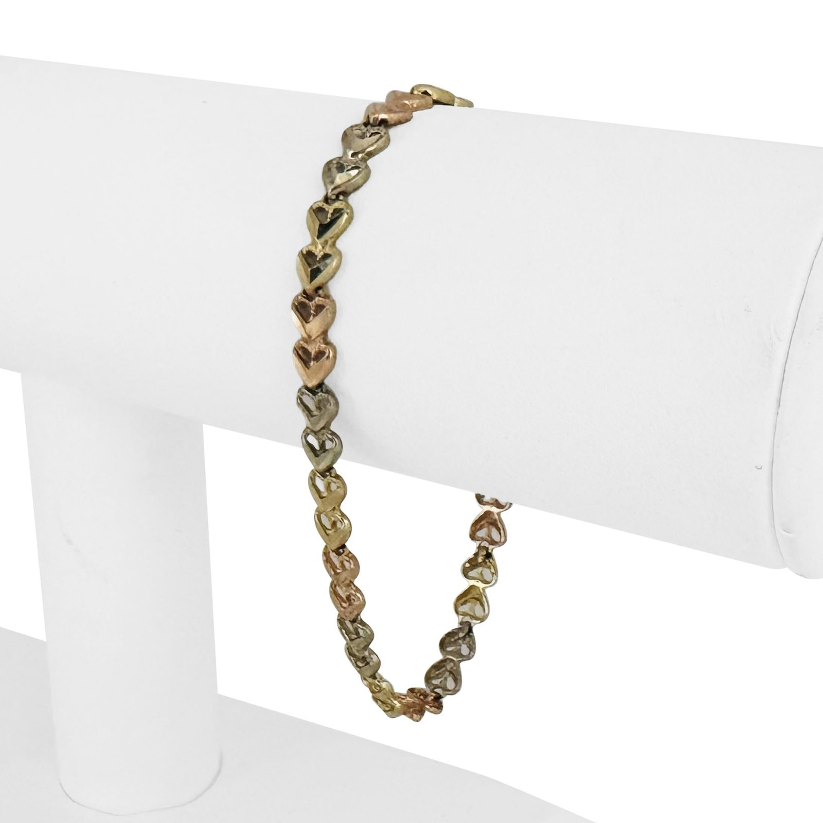 14k Yellow White and Rose Gold Diamond Cut Link Bracelet 7.25": Condition: Excellent Condition, Professionally Cleaned Metal: 14k Gold (Marked, and Professionally Tested) Weight: 6.1g Length: 7.25 Inches Width: 5mm Closure: Lobster Claw Markings: "14k" Item #FCP95