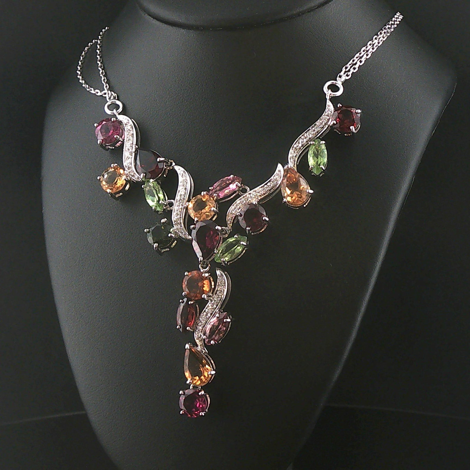 18k White Gold Mulit Color Tourmaline and Diamond Drop Necklace Italy 16.5" (1 of 7)