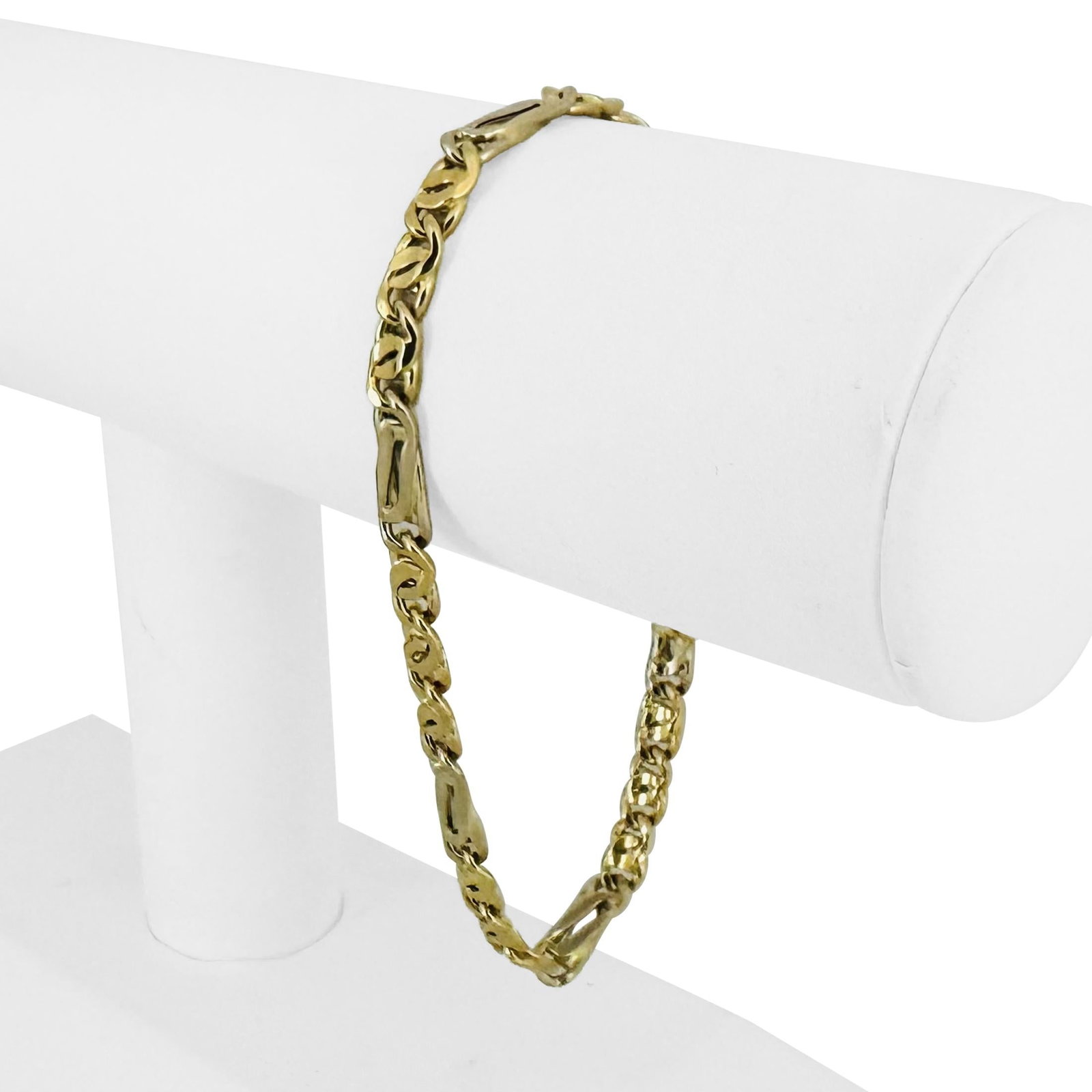 18k Yellow and White Gold Semi Solid Fancy Figaro Link Bracelet Italy 8.25": Condition: Excellent Condition, Professionally Cleaned Metal: 18k Gold (Marked, and Professionally Tested) Weight: 8.8g Length: 8.25 Inches Width: 6mm Closure: Lobster Claw Markings: "750" "* 135 AR" 