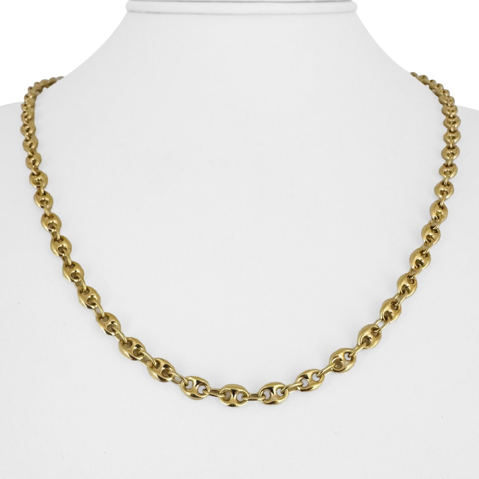 18k Yellow Gold Semi Solid Puffy Gucci Link Chain Necklace 19.5": Condition: Excellent Condition, Professionally Cleaned Metal: 18k Gold (Marked, and Professionally Tested) Weight: 18.5g Length: 19.5 Inches Width: 4.5mm Closure: Lobster Claw Markings: "750" Item #FC