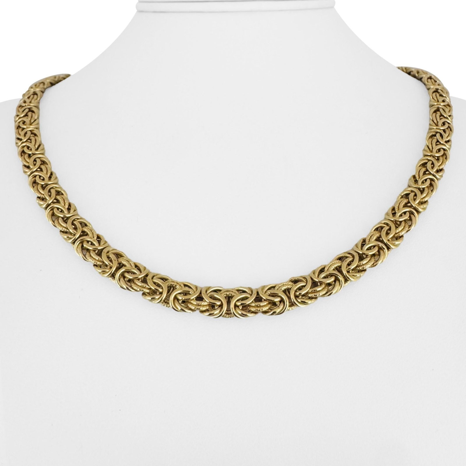 18k Yellow Gold Ladies Thick Byzantine Link Necklace Italy 20": Condition: Excellent Condition, Professionally Cleaned Metal: 18k Gold (Marked, and Professionally Tested) Weight: 24.8g Length: 20 Inches Width: 7.5mm Closure: Lobster Claw Markings: "750" "Italy" "F