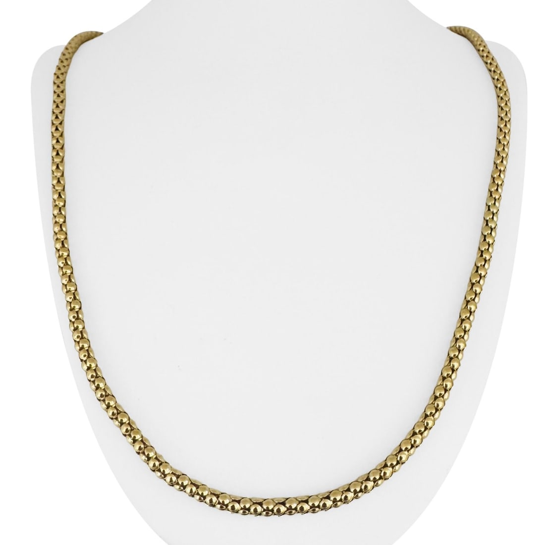 18k Yellow Gold Vintage Ladies Popcorn Link Necklace Italy 26": Condition: Excellent Condition, Professionally Cleaned Metal: 18k Gold (Marked, and Professionally Tested) Weight: 26g Length: 26 Inches Width: 4mm Closure: Lobster Claw Markings: "750" and illegible 