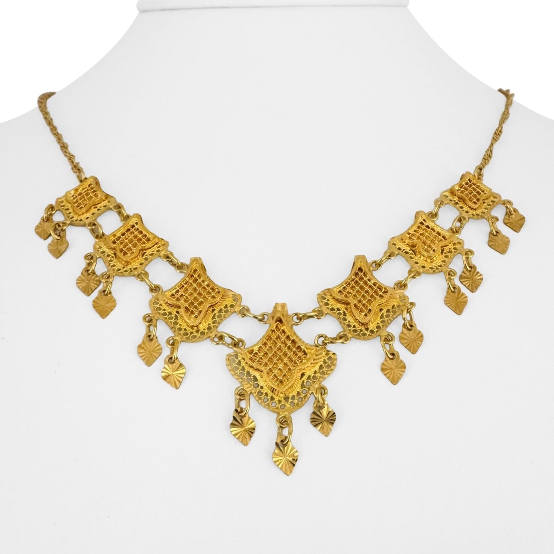 21k Yellow Gold Twisted Curb Link Ornate Drop Dangle Necklace 18": Condition: Excellent Condition, Professionally Cleaned Metal: 22k Gold (Marked, and Professionally Tested) Weight: 17.5g Length: 18 Inches Pendant Drop: 1.25 Inches Closure: Lobster Claw Markings: "21