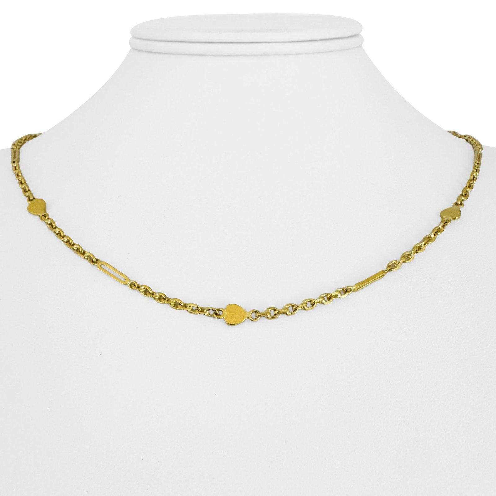 24k Pure Yellow Gold Solid Heart and Cable Link Necklace 18": Condition: Excellent Condition, Professionally Cleaned Metal: 24k Gold (Professionally Tested) Weight: 15.3g Length: 18 Inches Width: 5mm at hearts, 2.5mm at links Closure: M Clasp (Hook) Markings: No