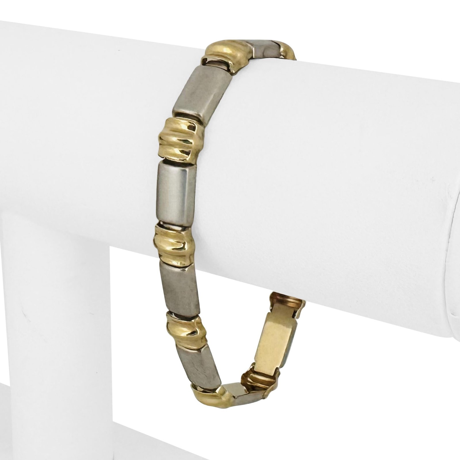 14k Yellow and White Gold Fancy Link Bracelet Tur: Condition: Excellent Condition, Professionally Cleaned Metal: 14k Gold (Marked, and Professionally Tested) Weight: 10.5g Length: 7 Inches Width: 8mm Closure: Box Tab Insert with Safety Latch