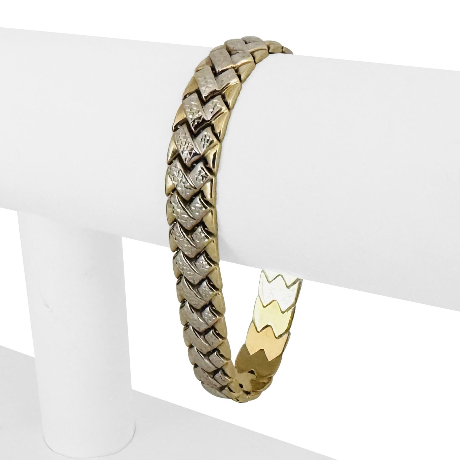 14k Yellow and White Gold Diamond Cut Fancy Link: Condition: Excellent Condition, Professionally Cleaned Metal: 14k Gold (Marked, and Professionally Tested) Weight: 15.6g Length: 7.5 Inches Width: 10mm Closure: Box Tab Insert with Safety Latch